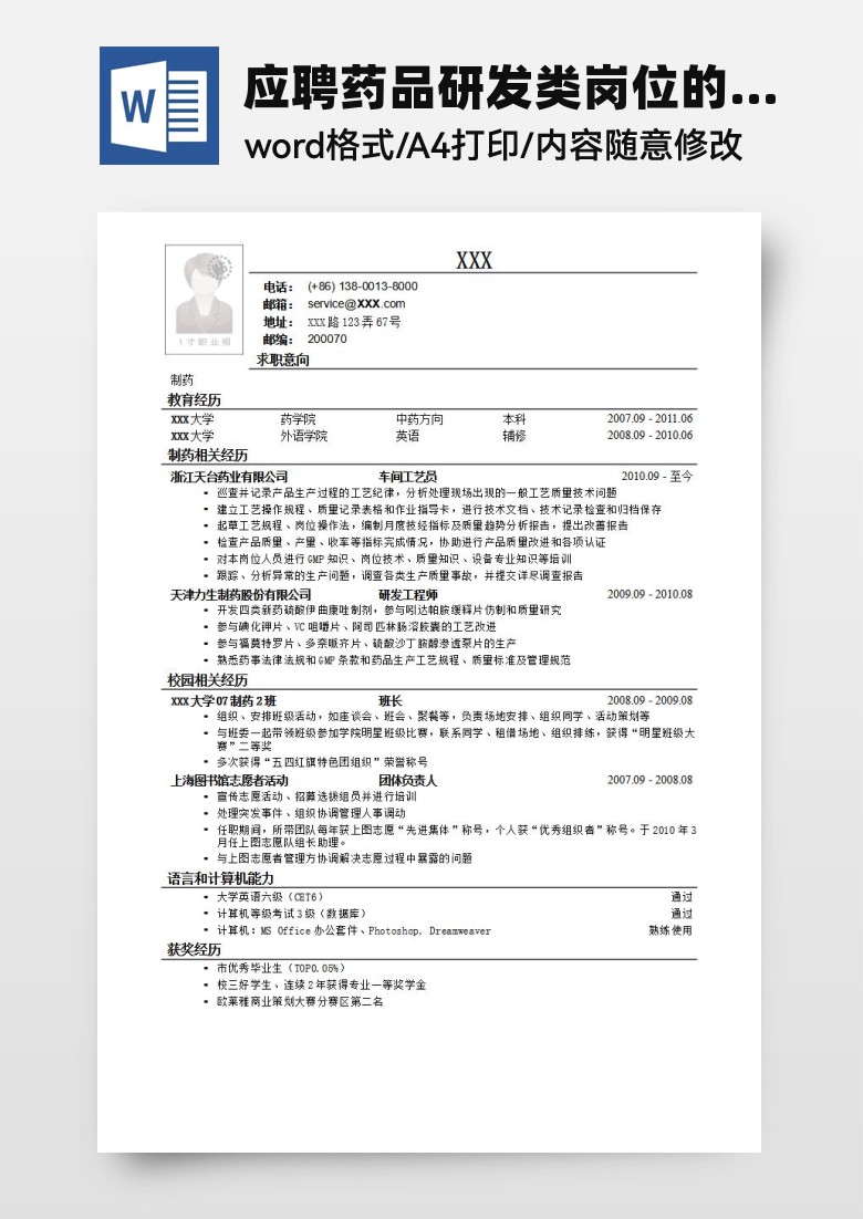 应聘药品研发类岗位的简历模板